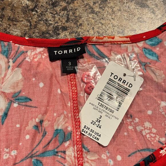 NWT Torrid Top Y2K Boho Cottage Festival Romantic Button Up Floral Red Size 3 3X - Picture 3 of 6